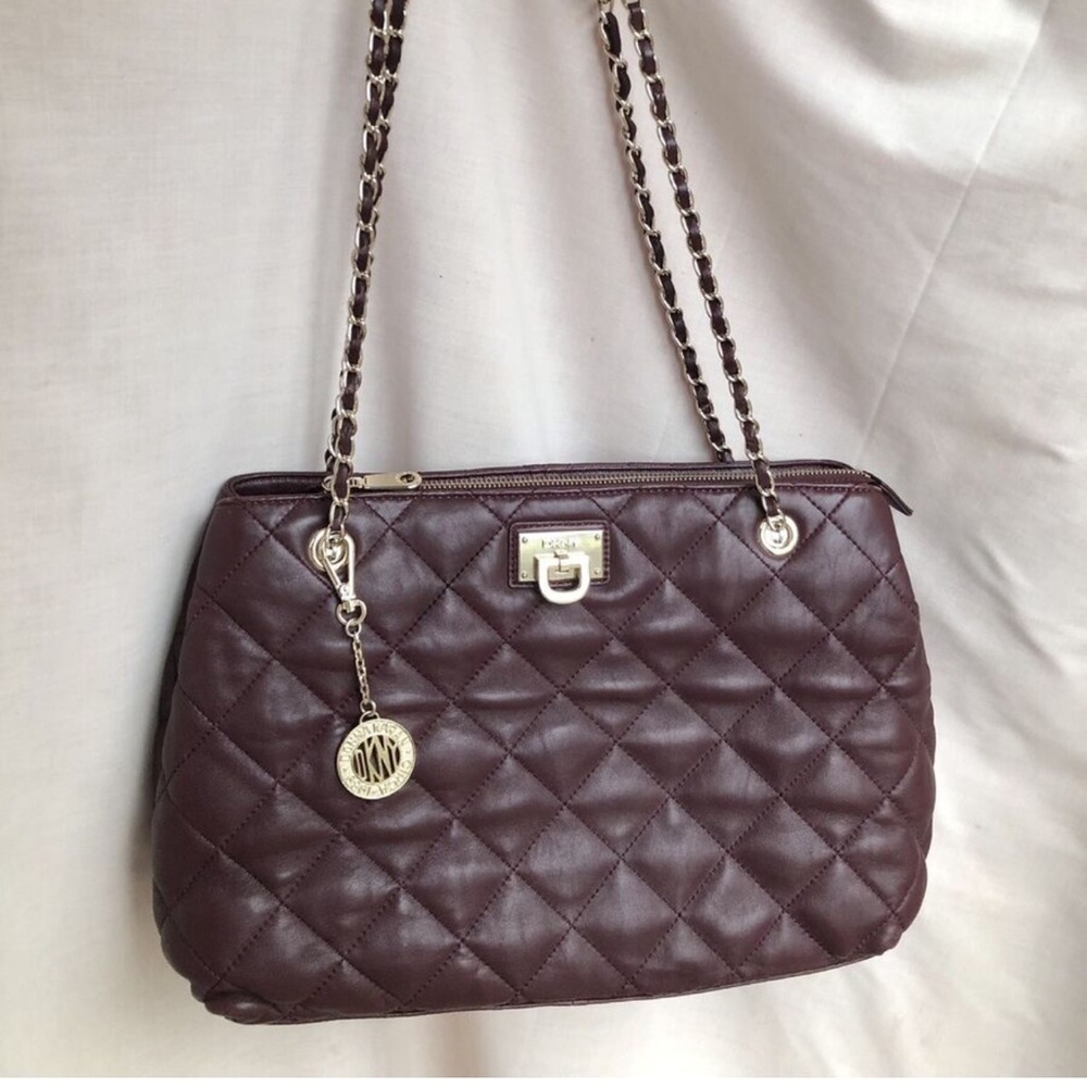 DKNY Quilted Deep Maroon Red Shoulder Bag with Key FOB